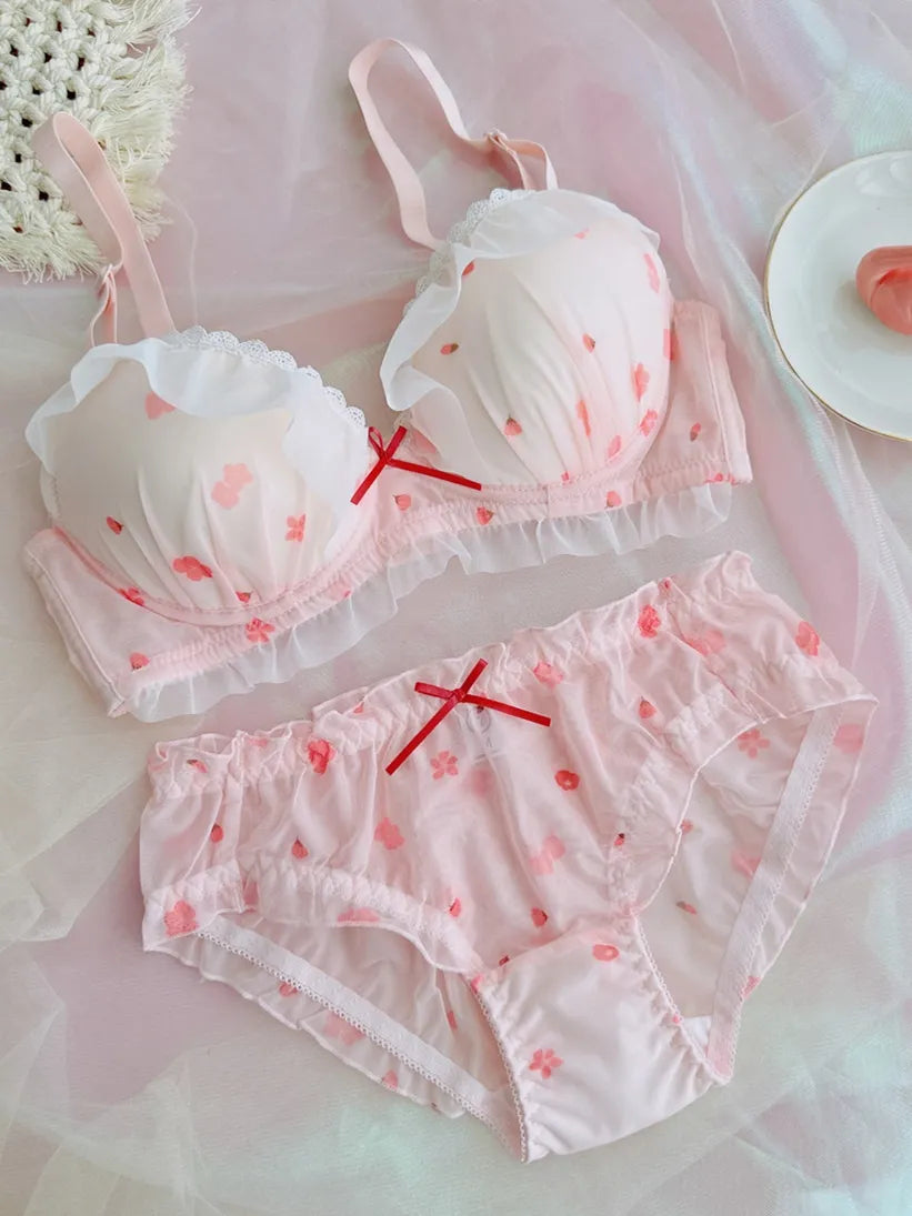 CuteJapanese brassiere sweet bralette little fresh girls cherry print lingerie pant sets mesh non-steel ring bra set thin cup